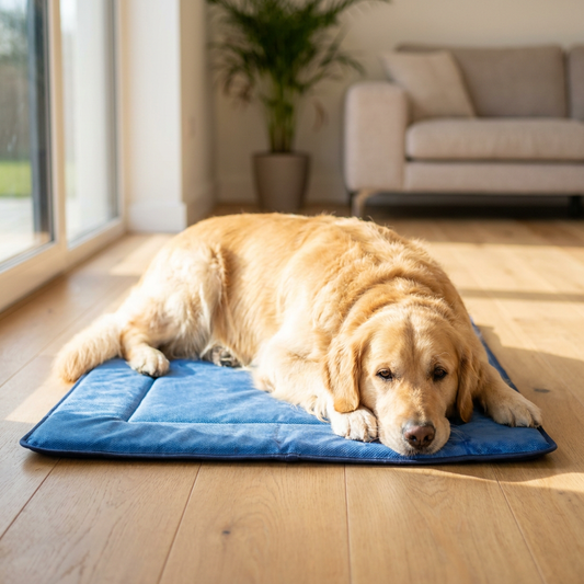 Blue Dog Cooling Mat – Golden Retriever relaxing on blue cooling mat