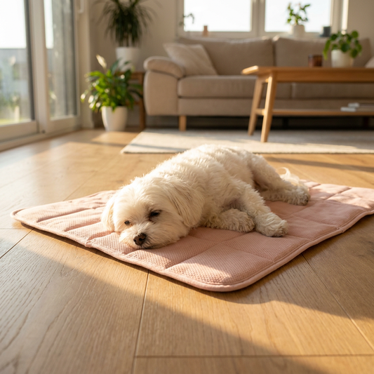 Pink Dog Cooling Mat – Small dog relaxing on pink cooling mat