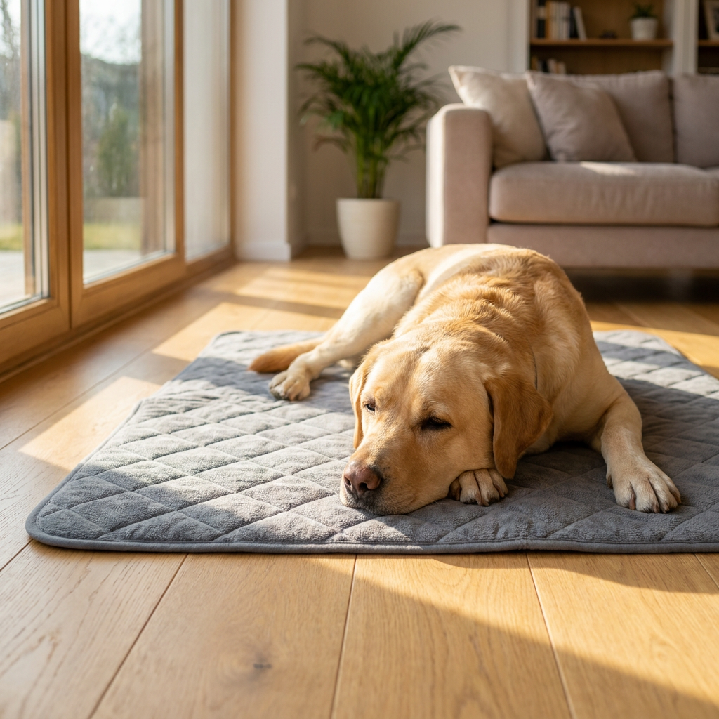 Gray Dog Cooling Mat – Labrador relaxing on gray cooling mat