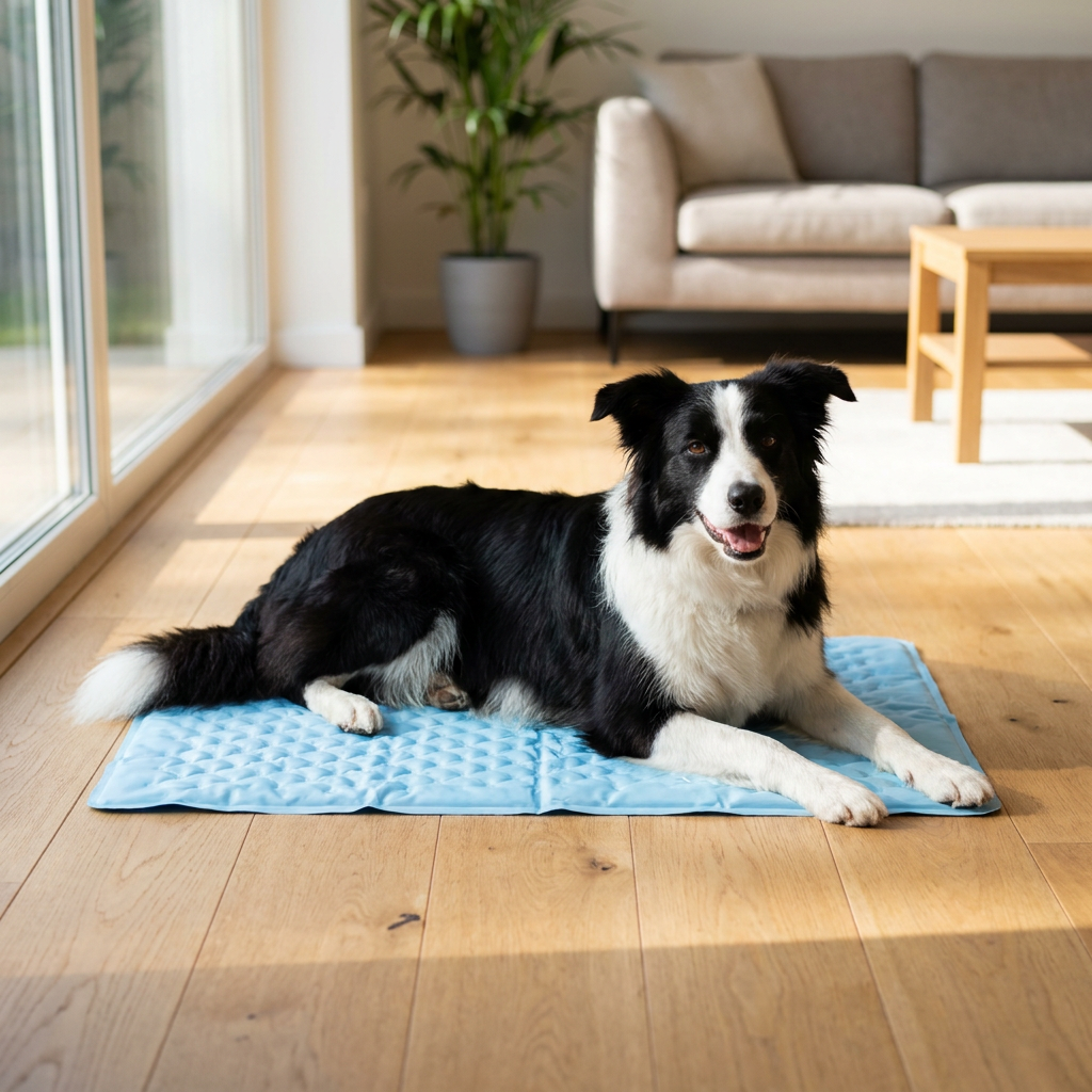 Light Blue Dog Cooling Mat – Border collie relaxing on light blue cooling mat